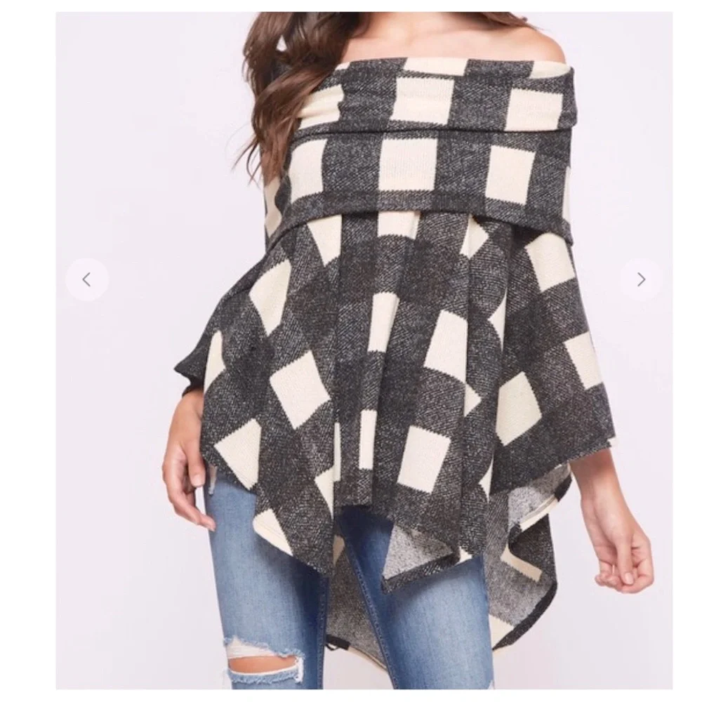 #22 Boho Tartan Plaid Sweater Poncho - Picture 1 of 5